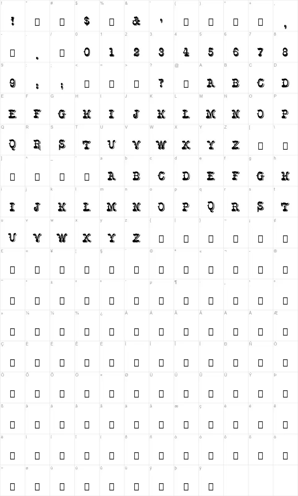 Solo's Bizarrefont character map