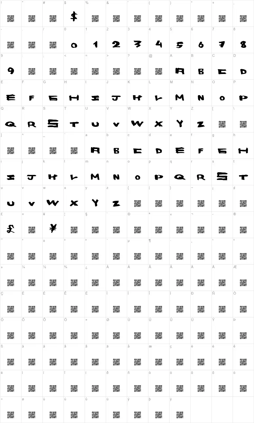 Space Bangfont character map
