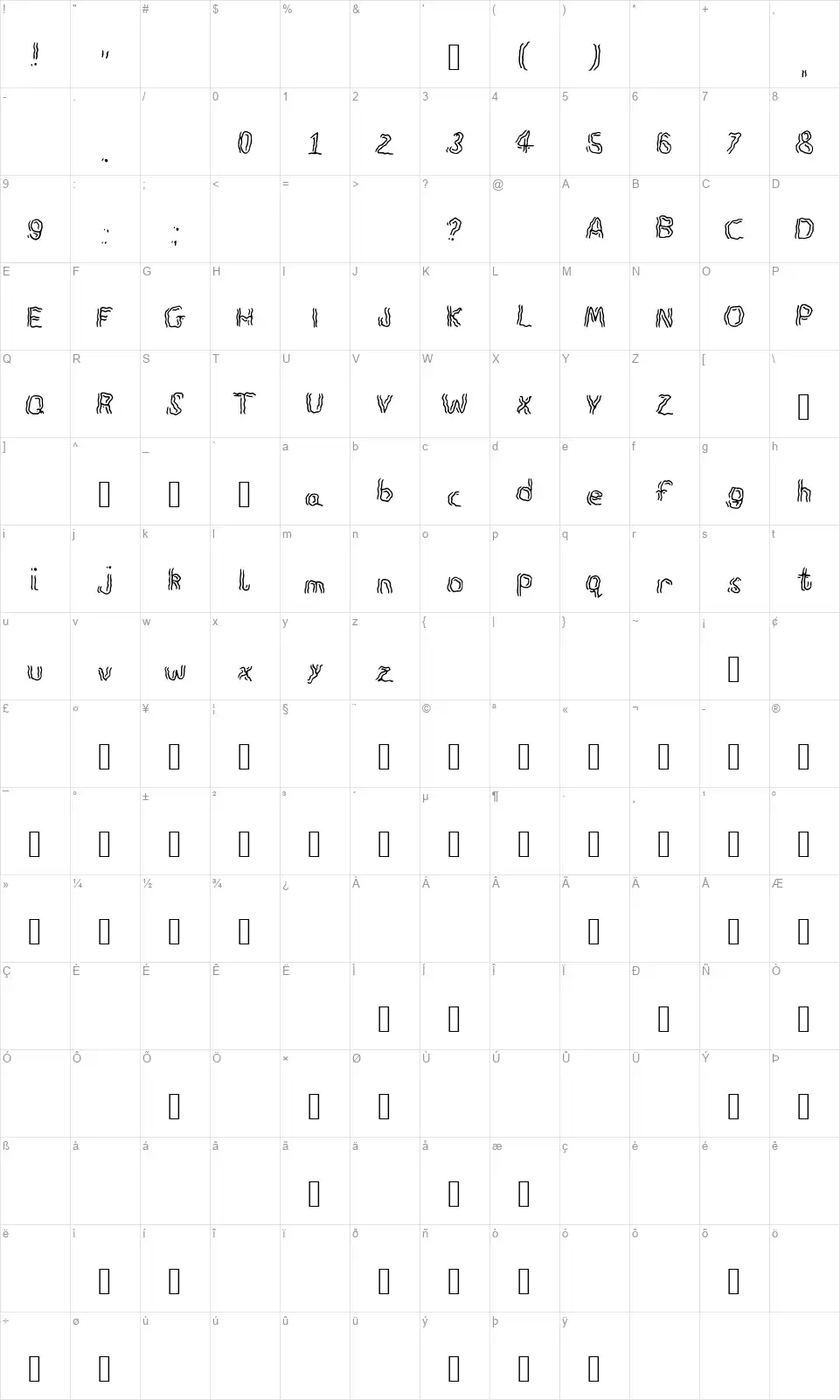 Spookfont character map