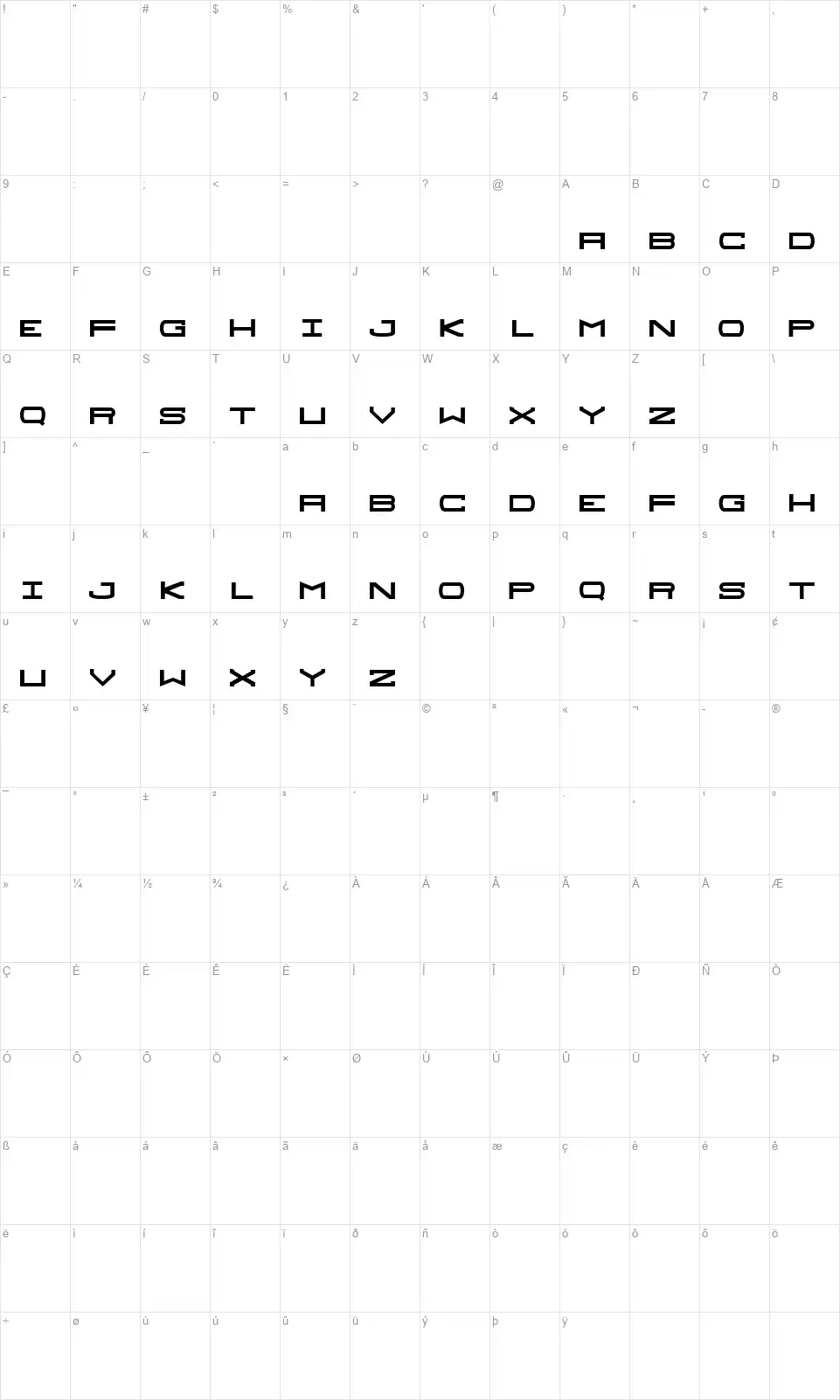 Sprawlfont character map