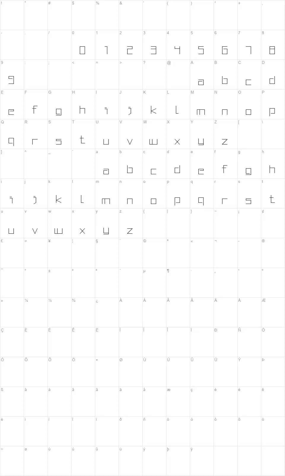 Squared Displayfont character map