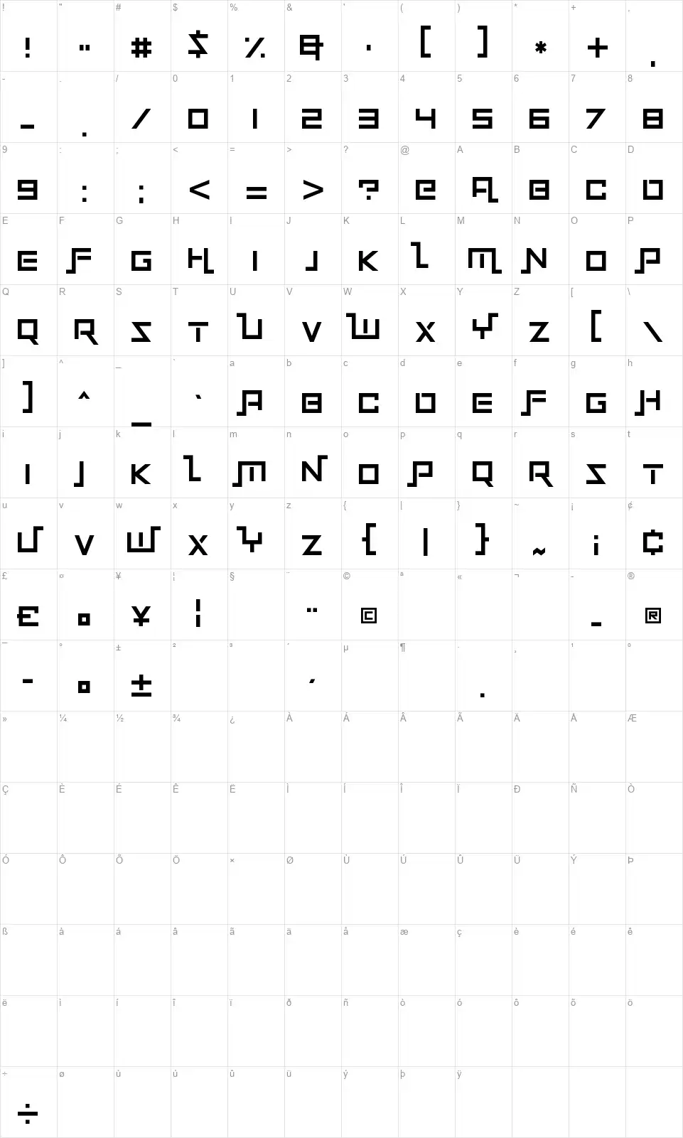Squaremazefont character map
