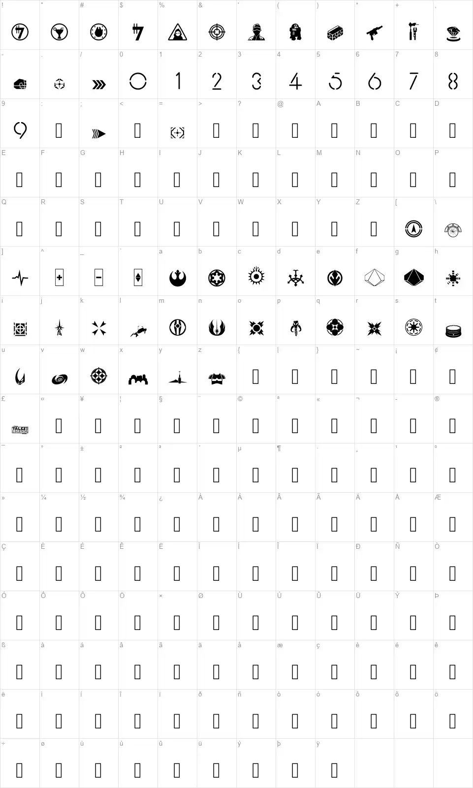 Stay On Targetfont character map
