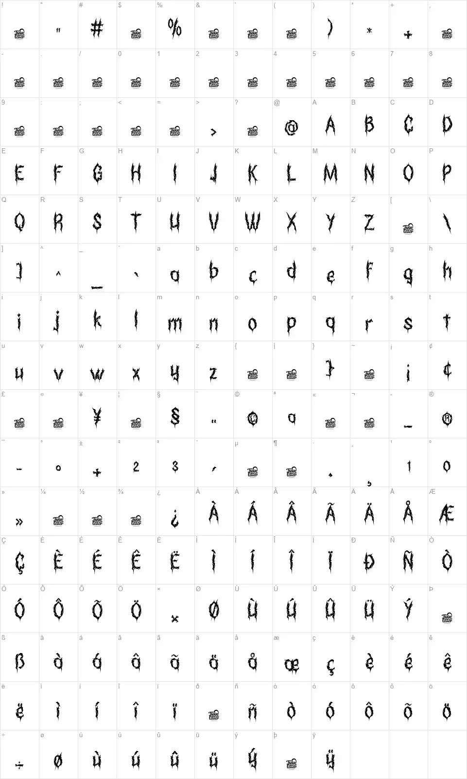 Suicra Crukodsfont character map