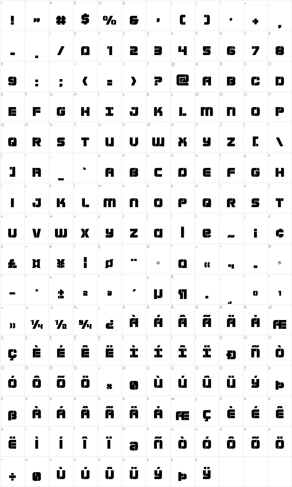 Super Submarinefont character map