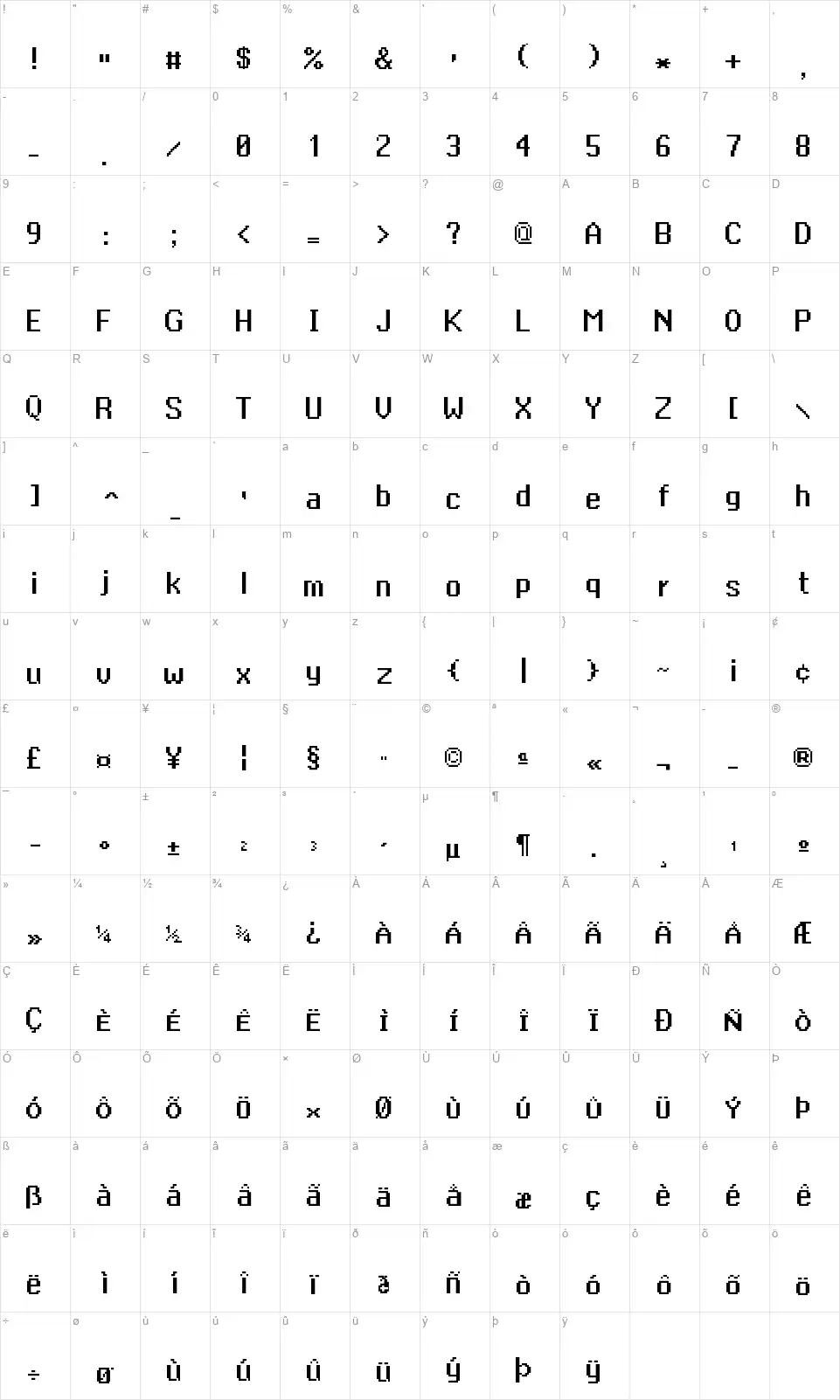 Swiss Sienafont character map