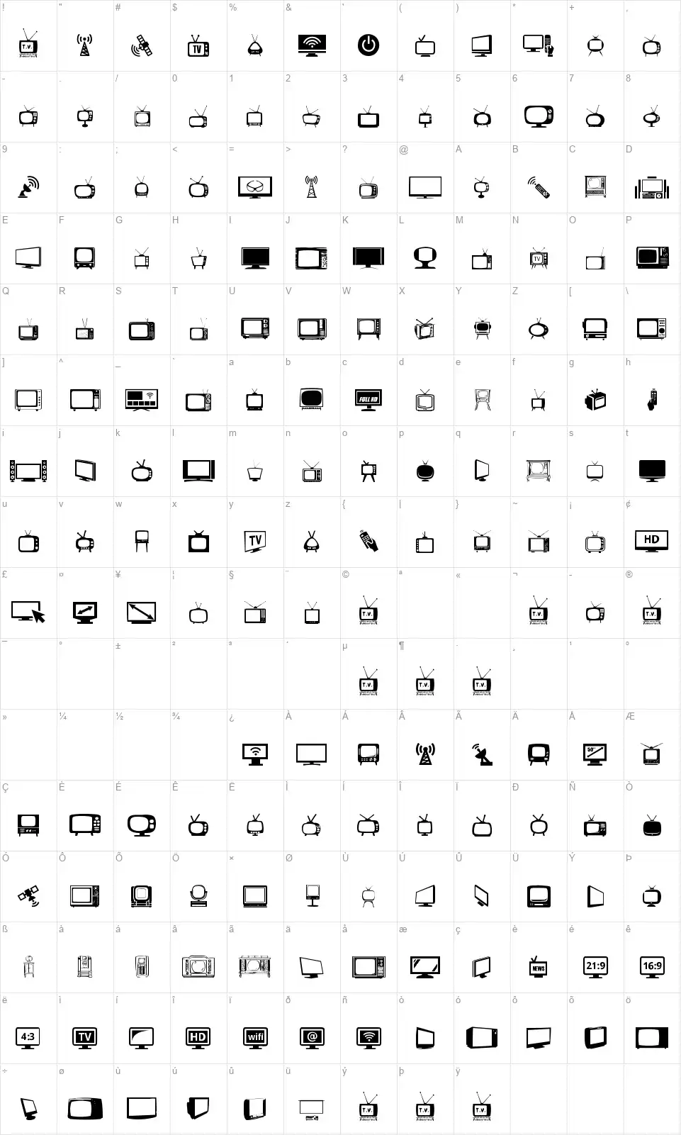 T.V.font character map