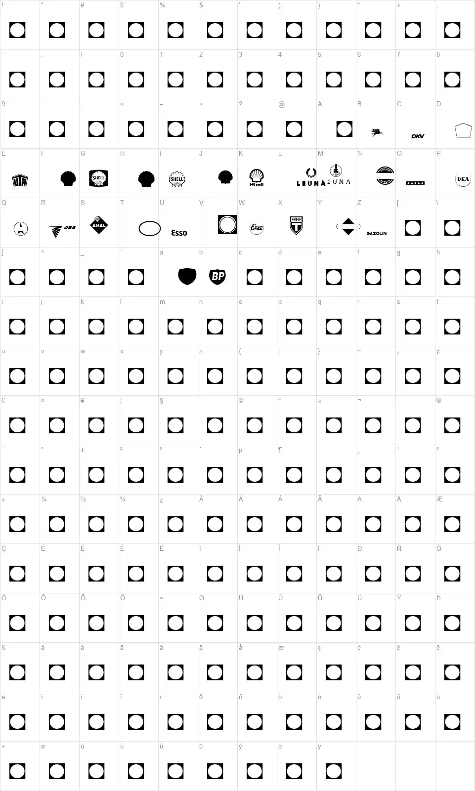 Tankfont character map
