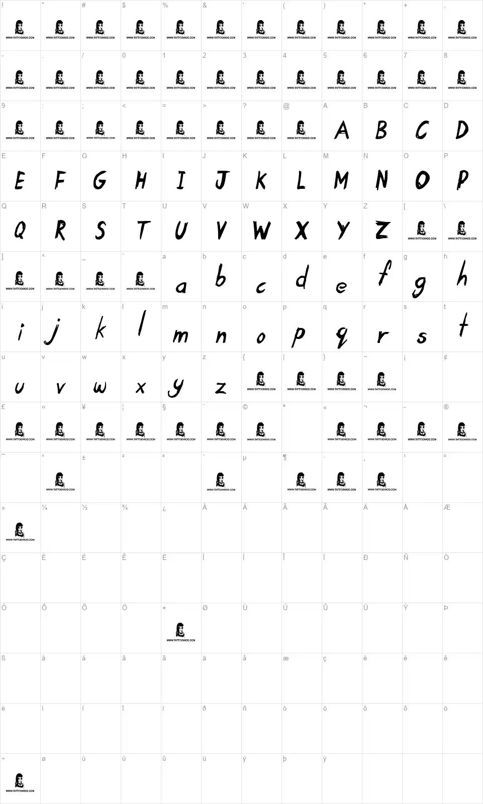 Tardy Kidfont character map