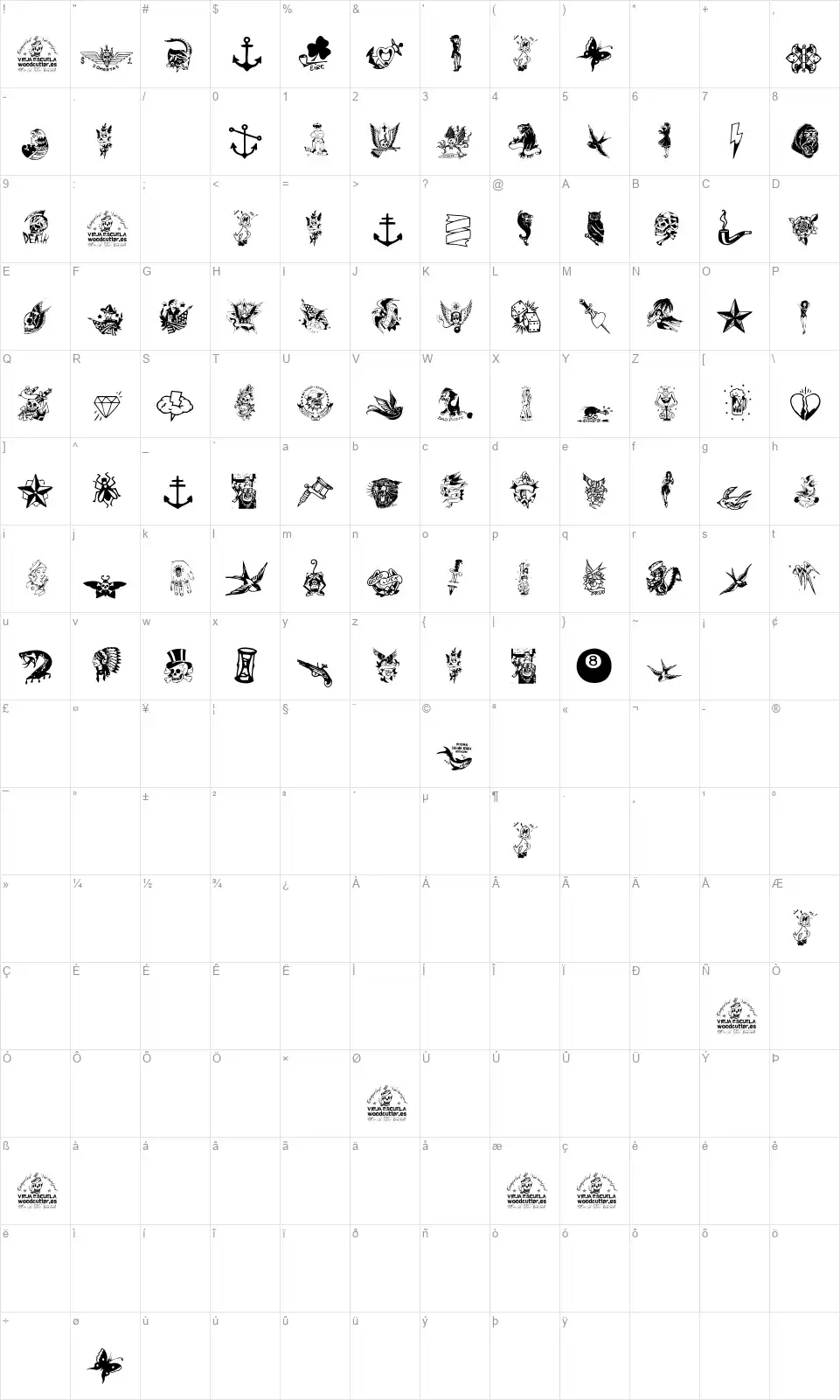 Tattoo Vieja Escuela 3font character map