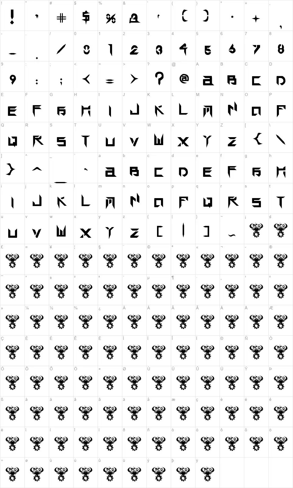 Tek Hedfont character map