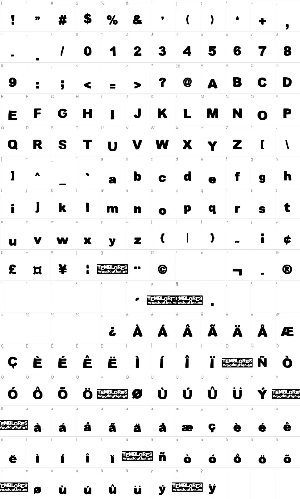 Tembloresfont character map