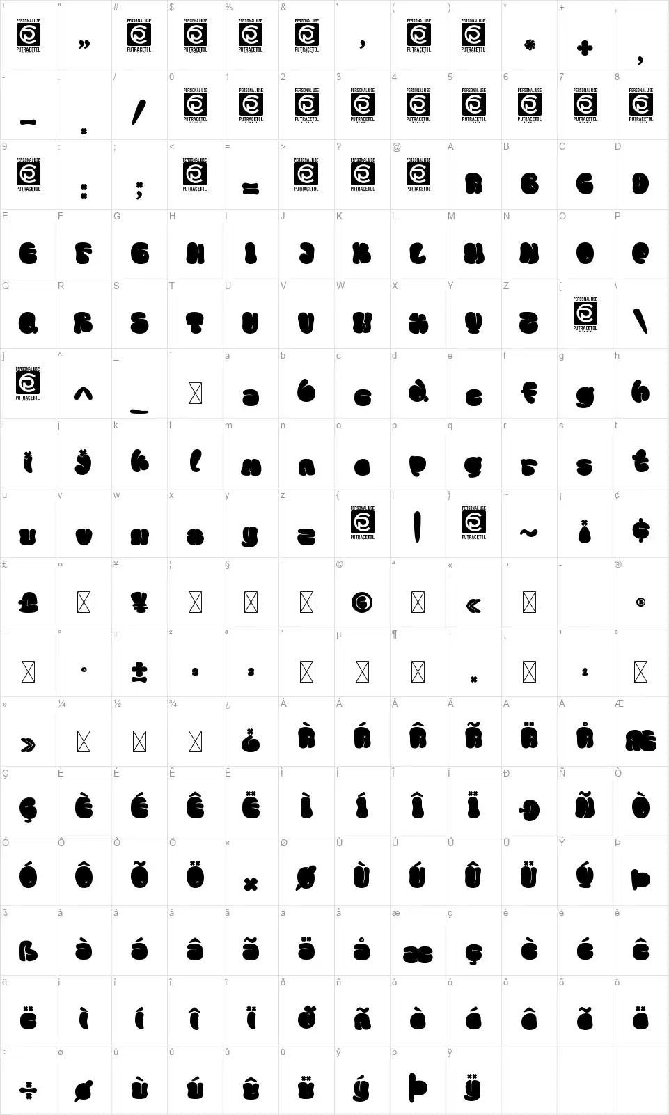 The Bold Streetfont character map