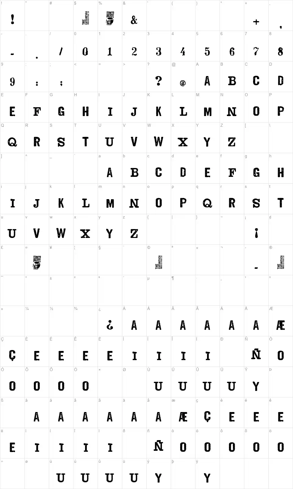 The Estampadafont character map