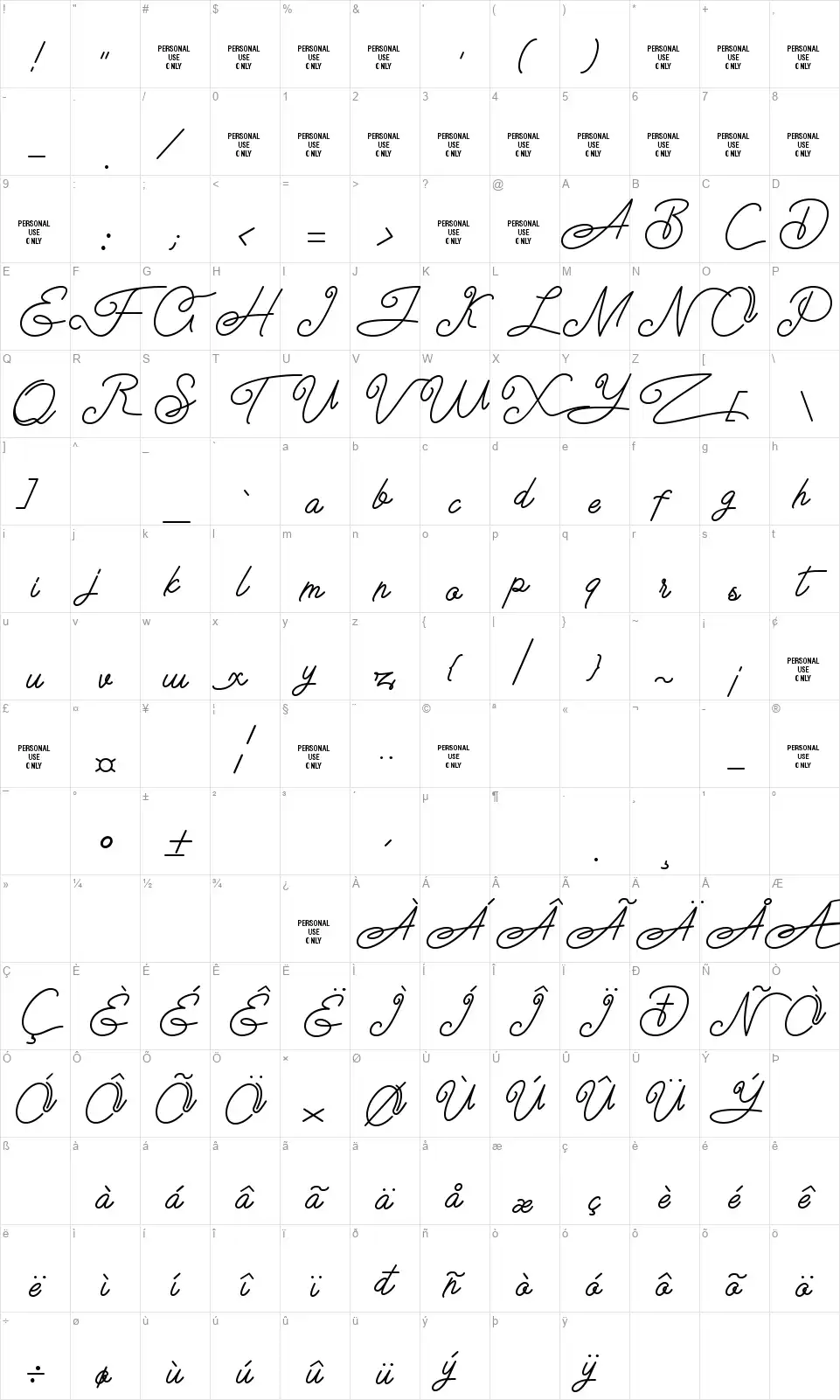 The Sweet Teddyfont character map