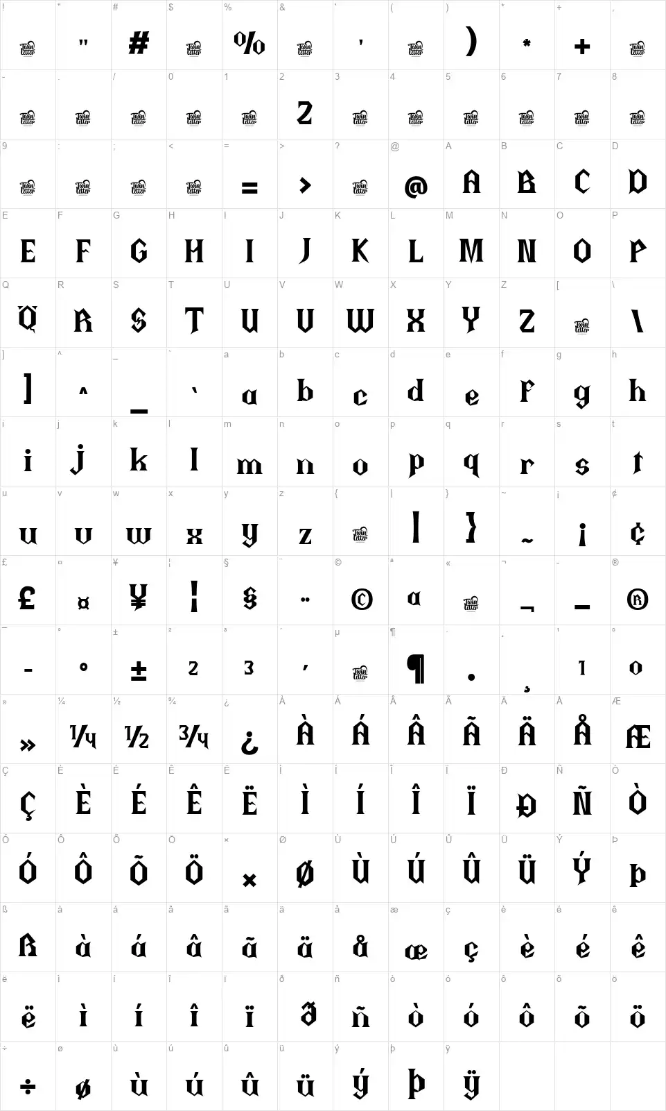 Thiqallfont character map