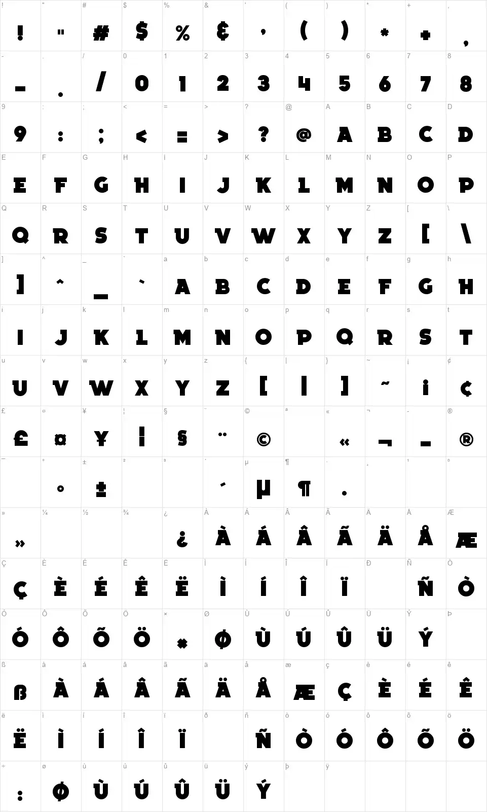 Thunderbold Seriffont character map