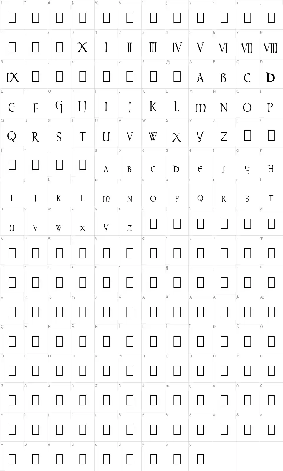 Times New Vespasianfont character map