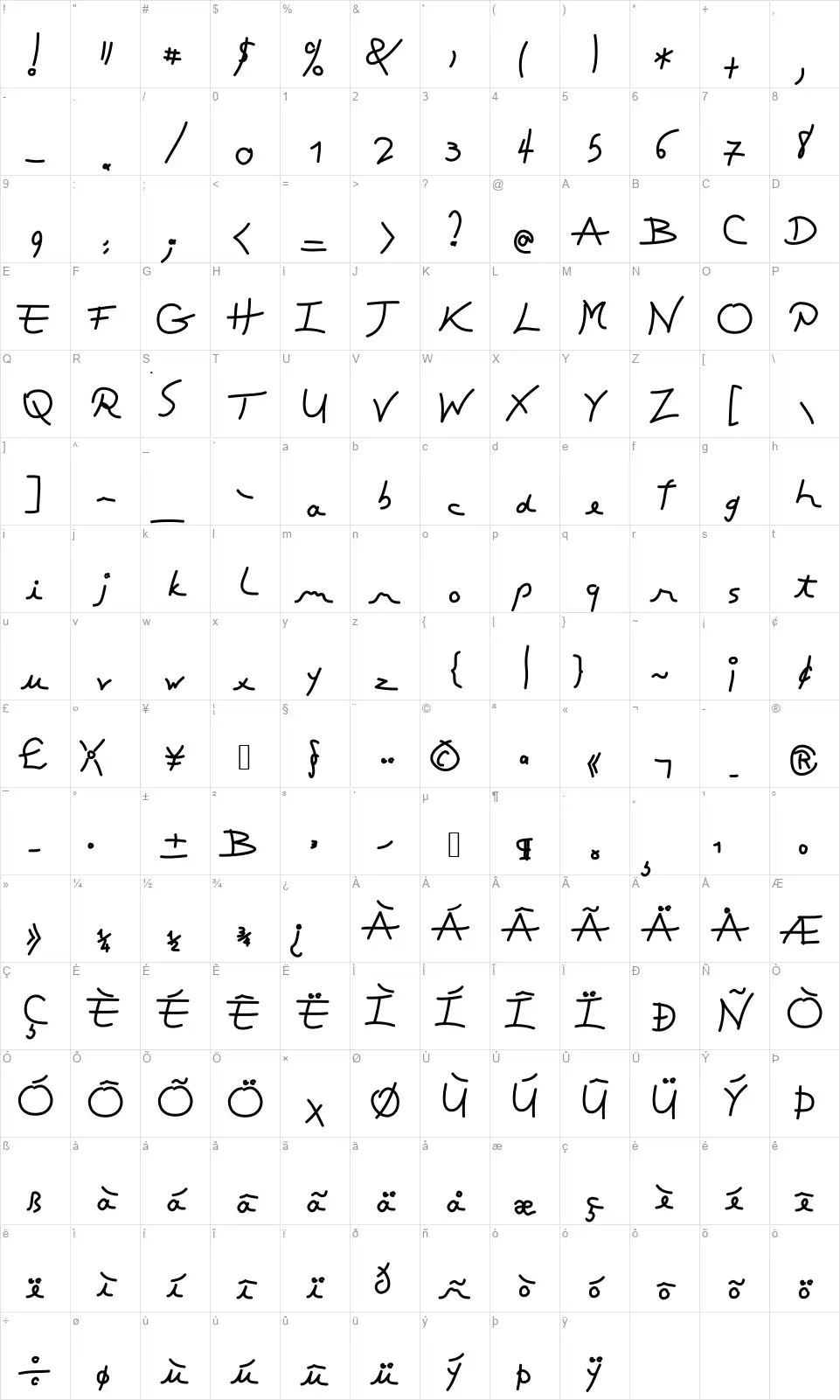 Toubibfont character map