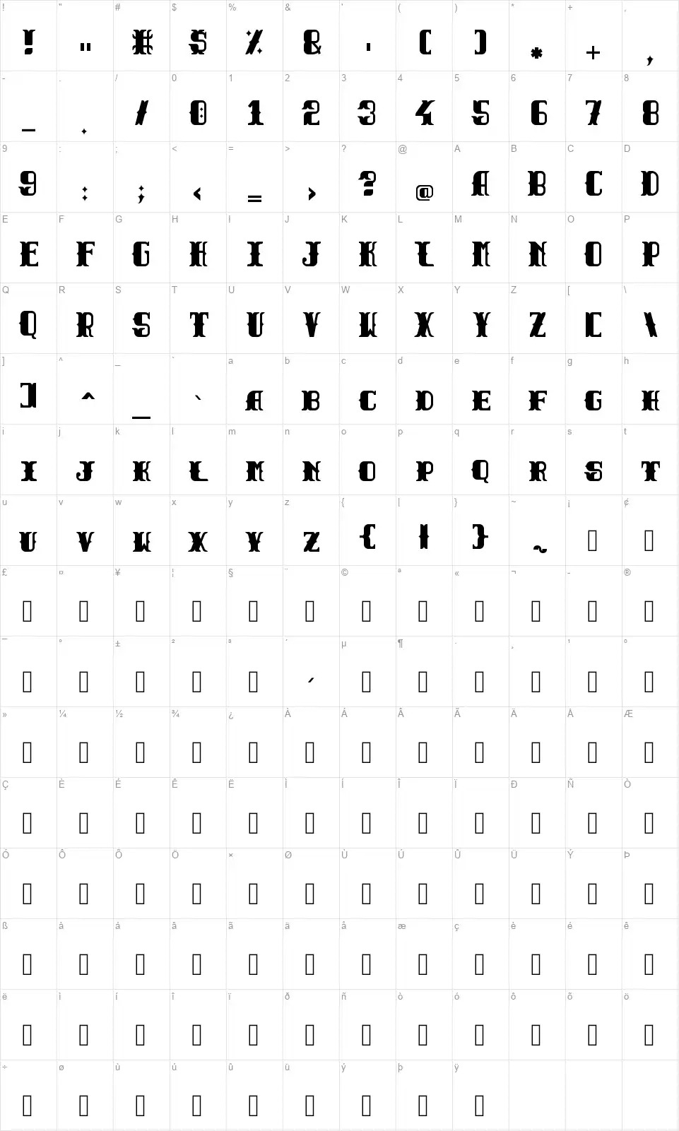 Tuscan Blackfont character map