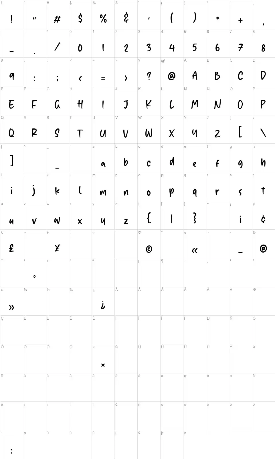 Twinkle Dreamfont character map