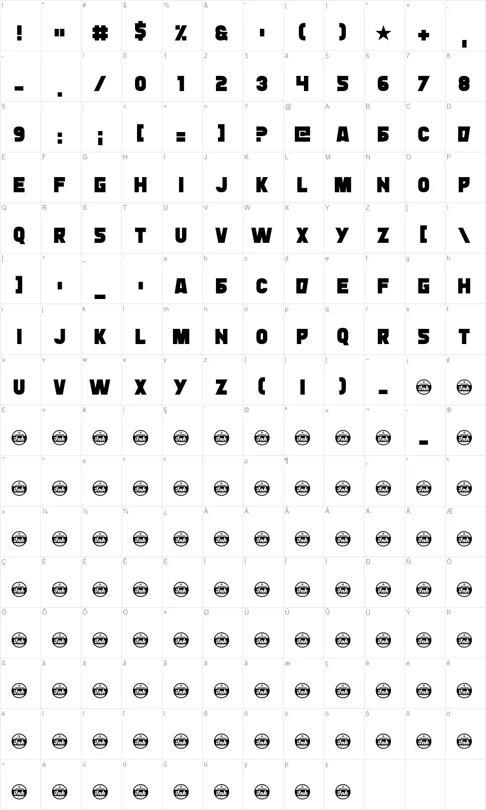 Typingradfont character map