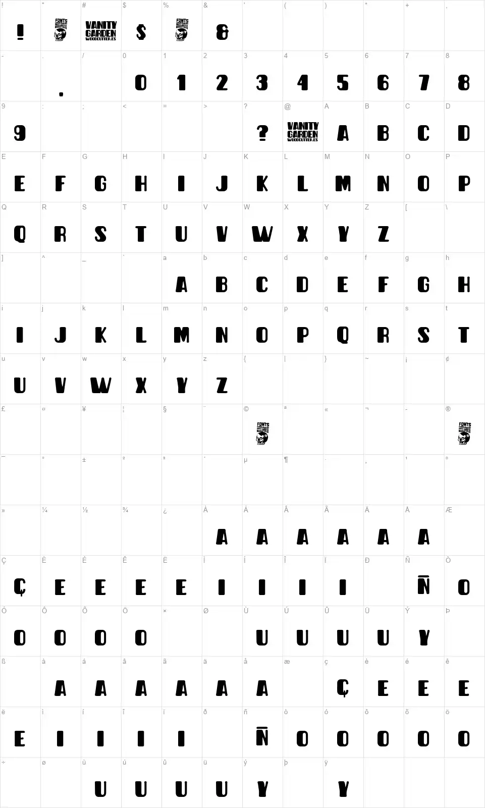 Vanity Gardenfont character map