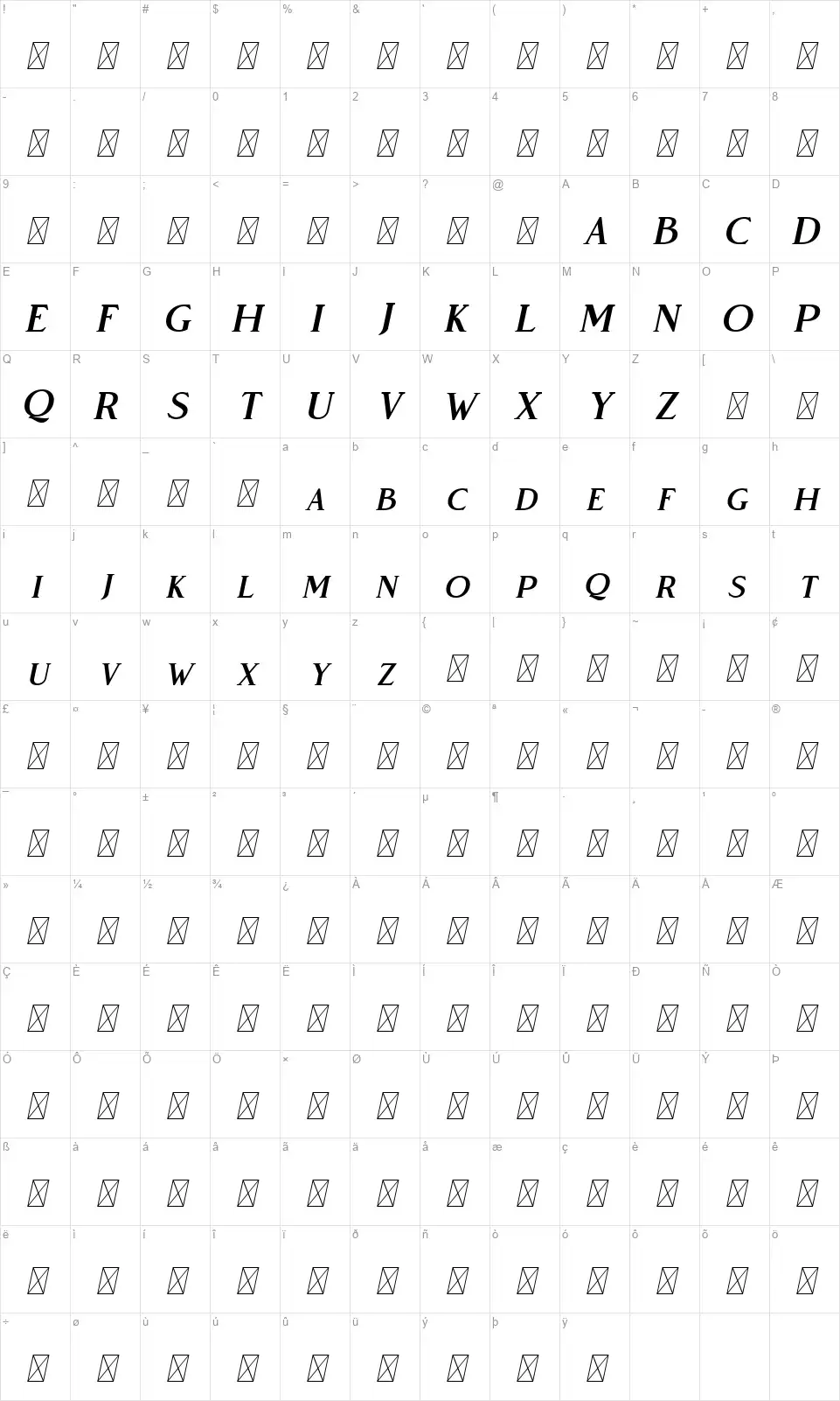 Vendeurfont character map