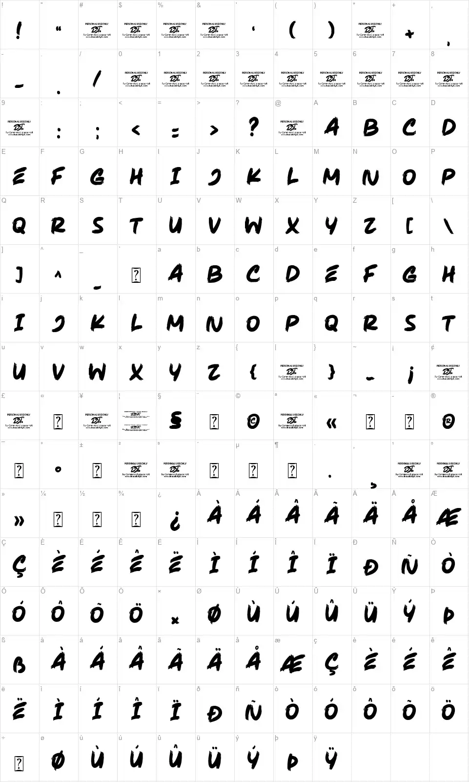 Warrior Brushfont character map
