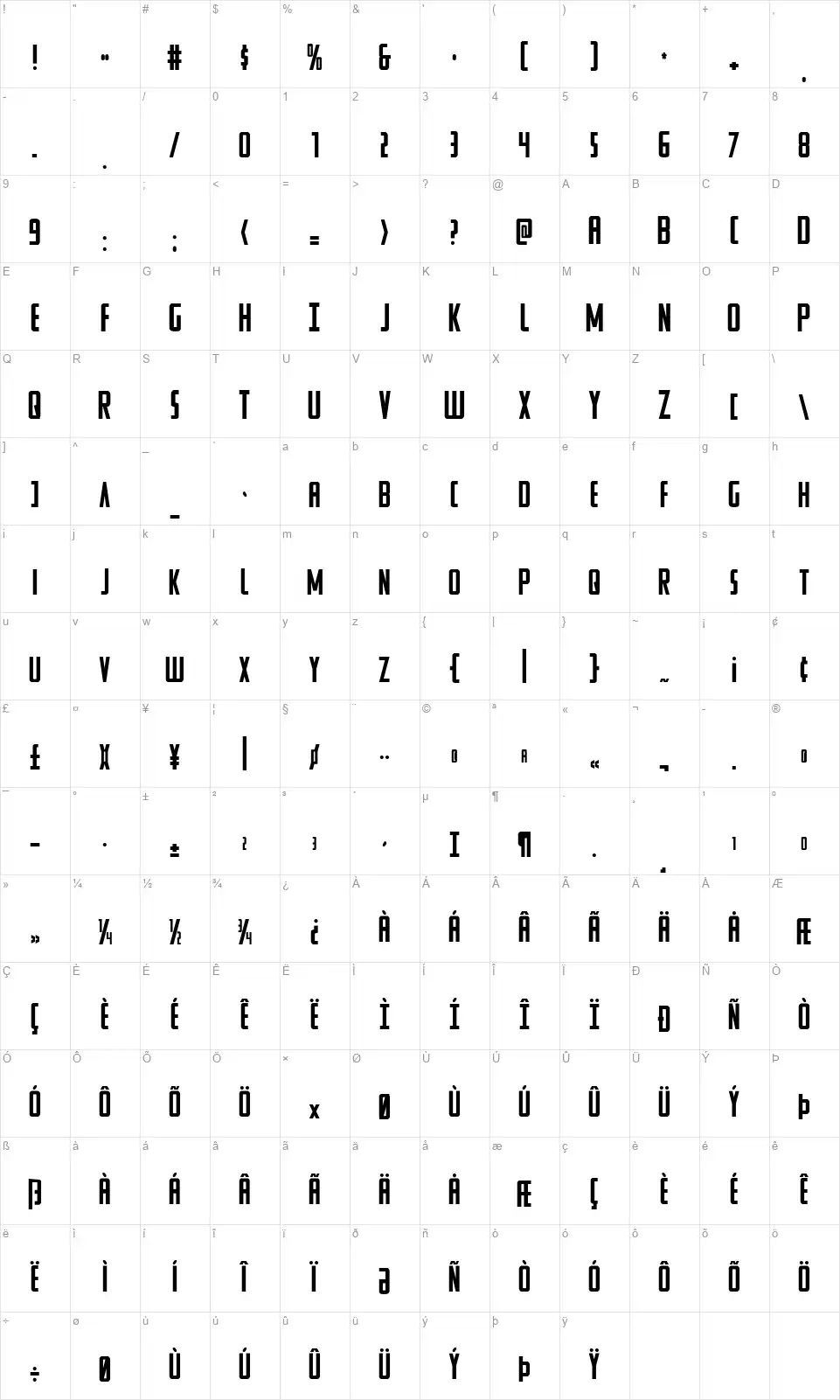 Watchtowerfont character map
