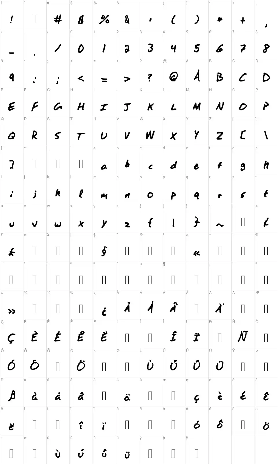 Woah Thats Boldfont character map