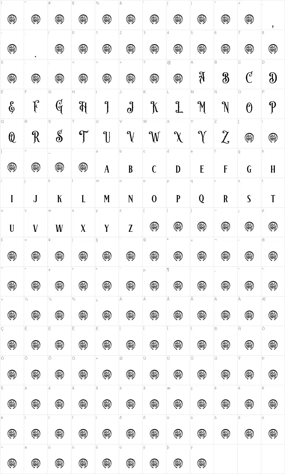 Wonderiafont character map