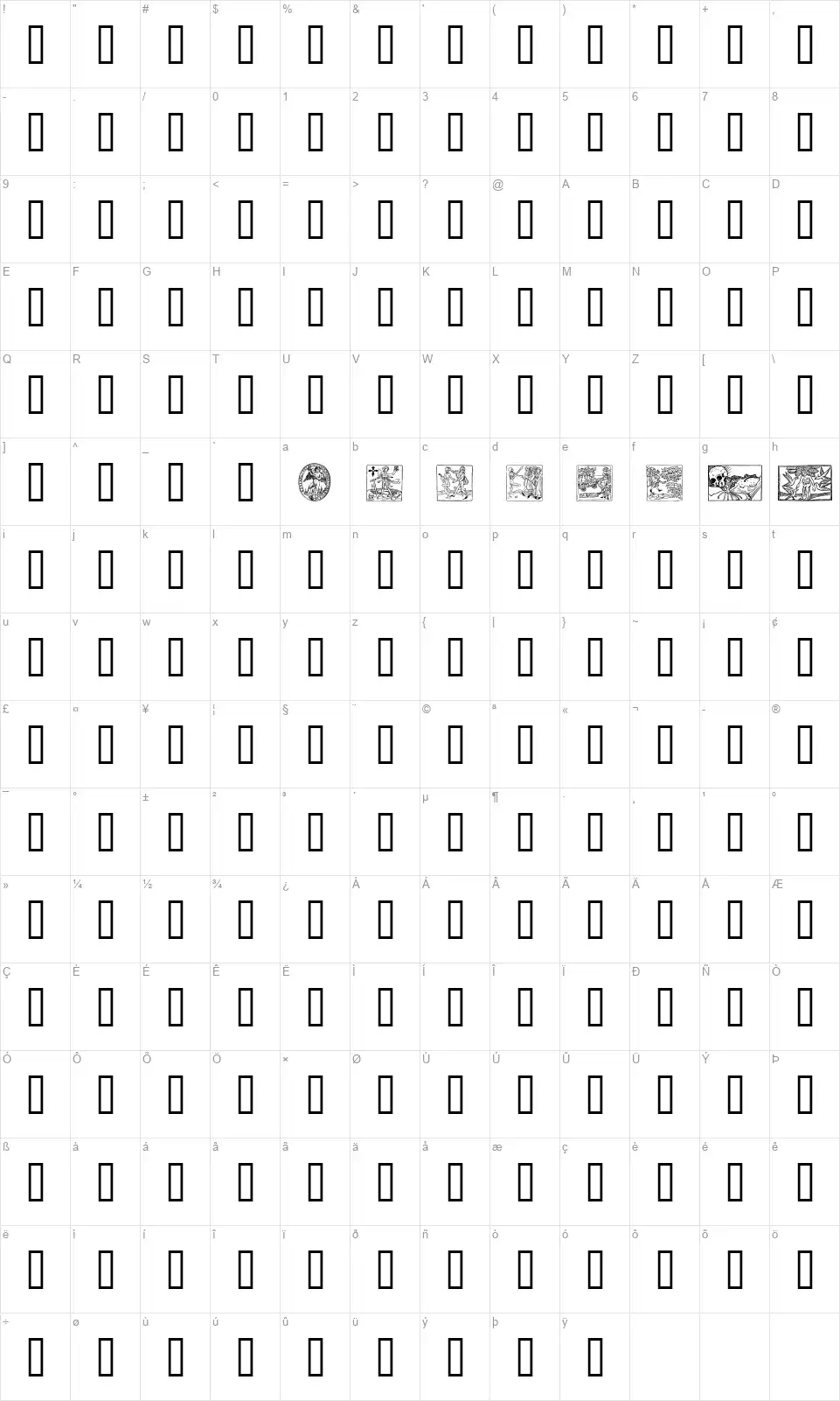 Woodcut 2font character map