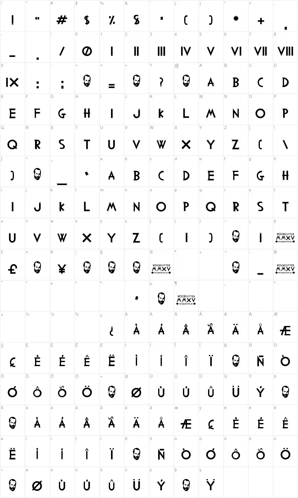 Woodcutter MMXVfont character map