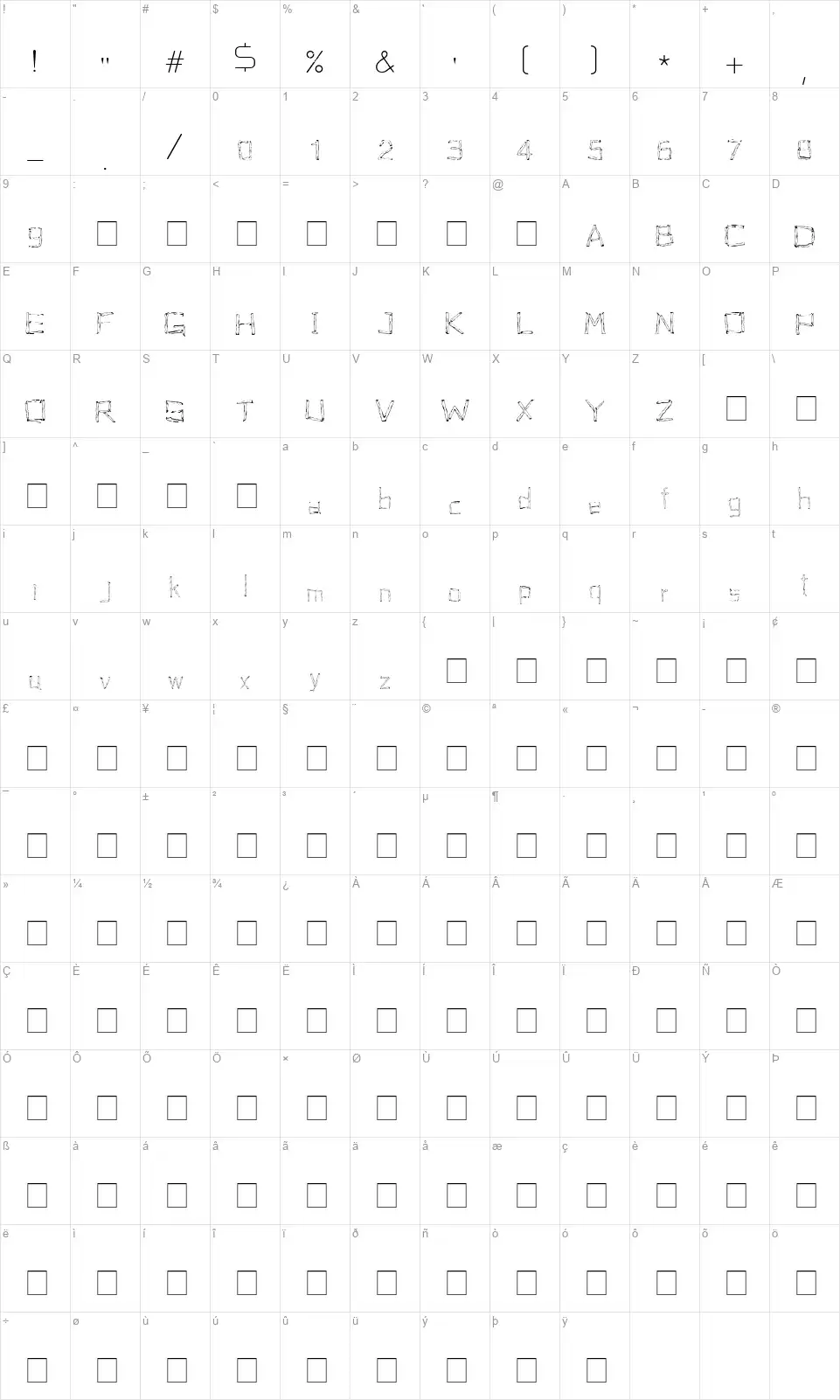Woodenheadfont character map