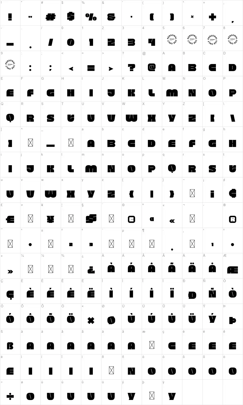 Yourboldfont character map