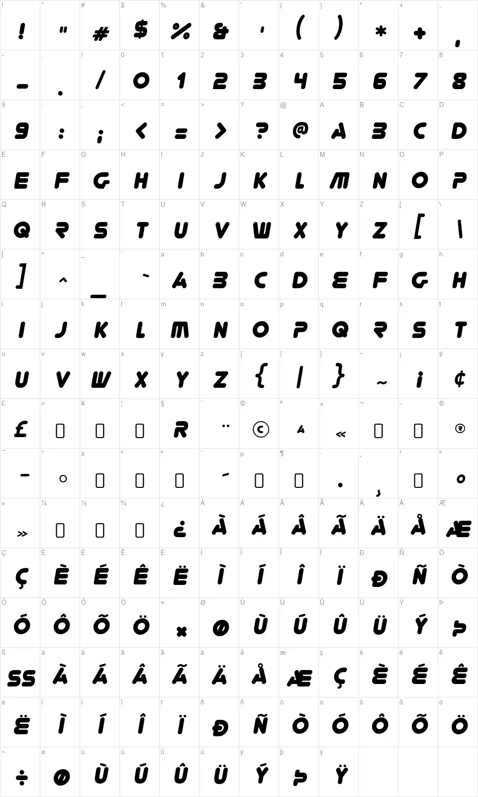 YoureGone-Italicfont character map