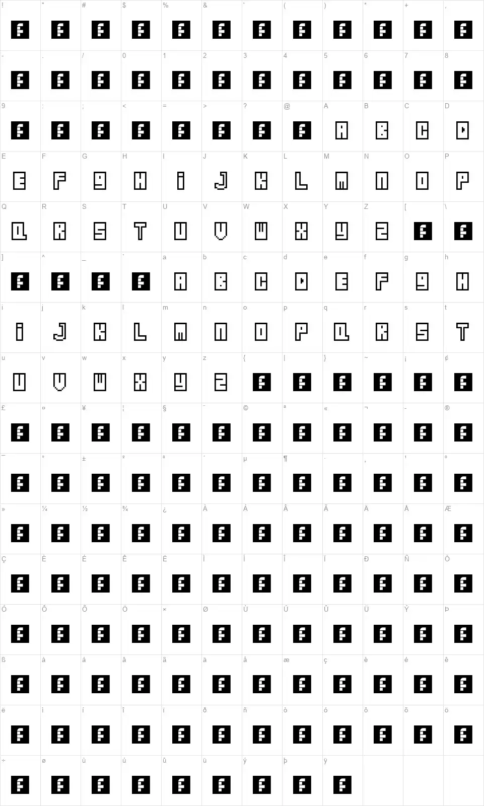Zipperfont character map